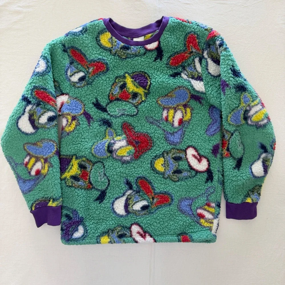 Disney Parks Donald Duck Sherpa Fleece Pullover Sweatshirt Green Purple Adult S